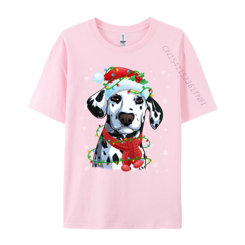Christmas Lights Dalmatian Dog Santa Hat Scarf T-Shirts Dog Lovers T-Shirts Simple Style Top Quality Mens Tees