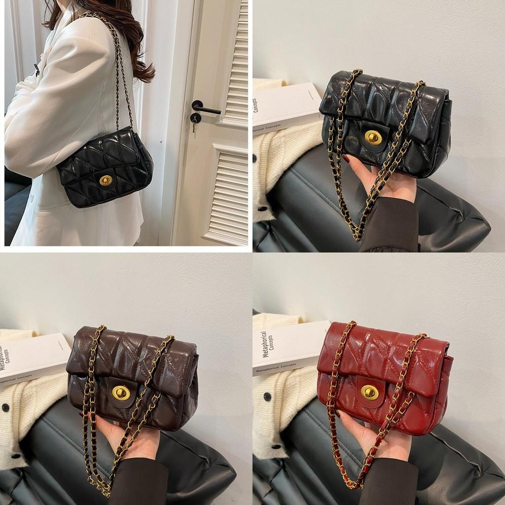 Solid Color Lattice Pu Leather Small Shoulder Bag With Chain Strap For Daily Use