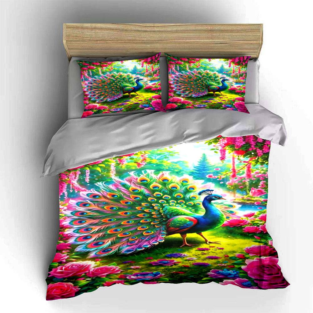 3pcs Peacock Rose Pattern 1 Duvet Cover+ 2 Pillowcases,Fashionable and soft Bedding set, Skin-Friendly, Suitable for Bedrooms
