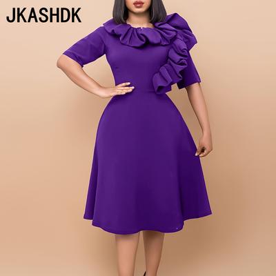 Women's Fashion Spring Autumn Solid Color Print 1/2 Sleeves O-Neck High Waist Cocktail & Evening Dresses