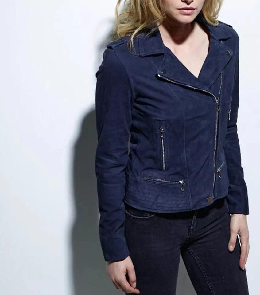 Navy Blue Women's Handmade Casual Biker Soft Lambskin Suede Leather Jacket Stylish