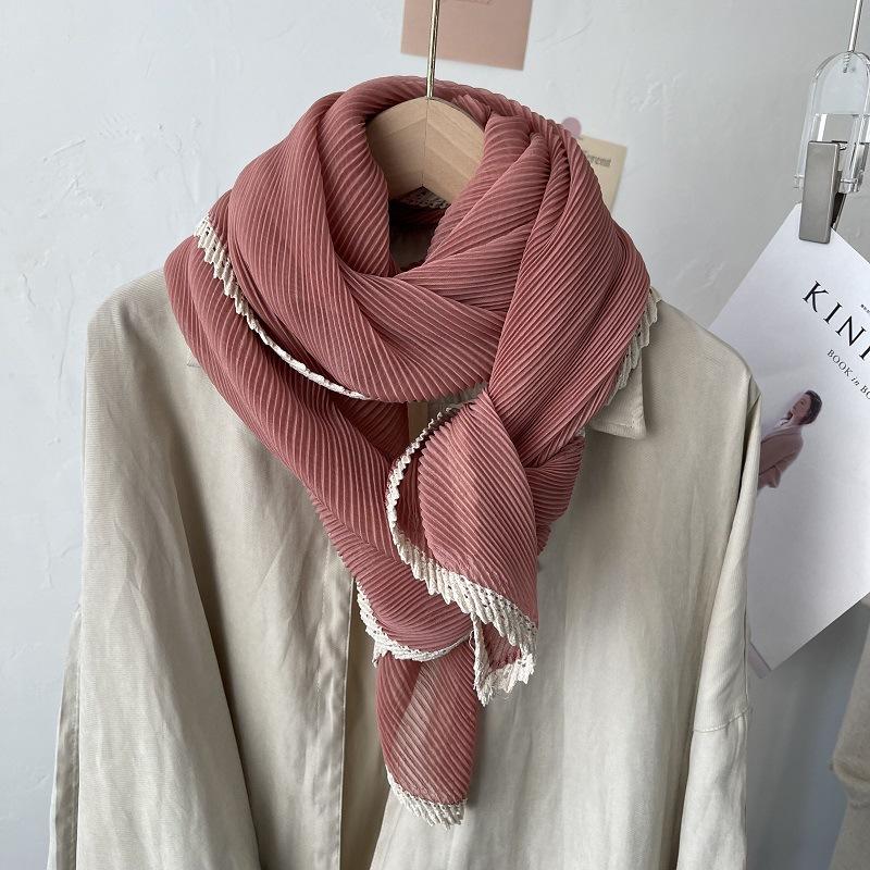 Korea Dongdaemun Spring New Solid Color Wrinkled Scarf Thin Women's Autumn and Winter Travel Decorative Shawl