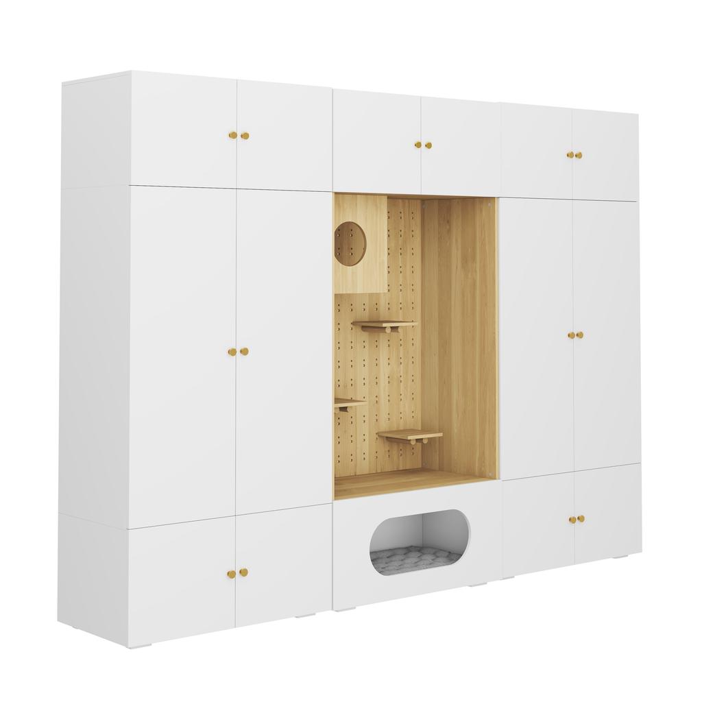 Wardrobe Set, Pet Cabinet, 270 x 50 x 200 cm, with Clothes Rail and Cat Climbing Wall, for Bedroom, Living Room and Hallway, White+Wood Look