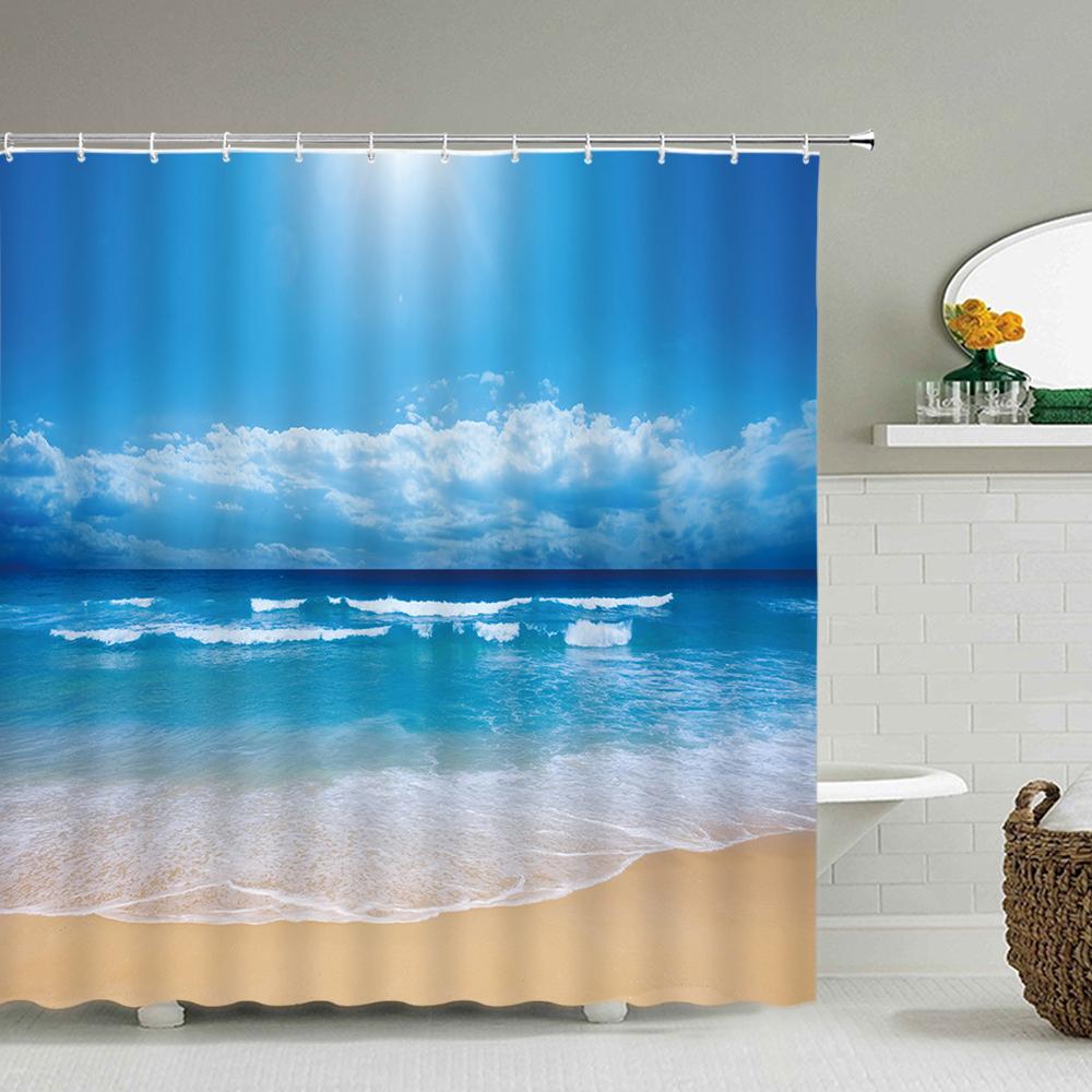 Beach Sea Palm Trees Shower Curtains Scenery Waterproof 3d Bathroom Curtains With Hooks Home Decoration Washable Bath Screen