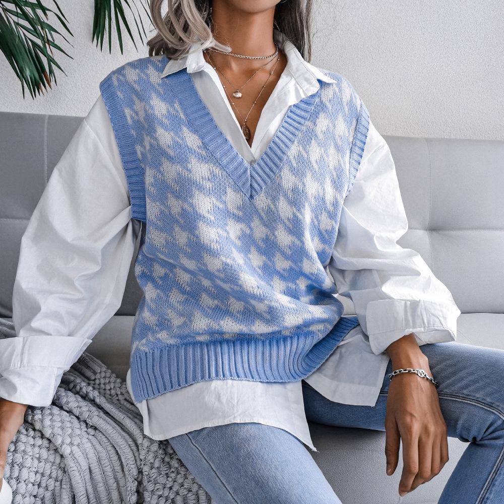 Clearance 2023 Autumn/Winter European-American V-neck Houndstooth Casual Loose Knit Vest Sweater Waistcoat.