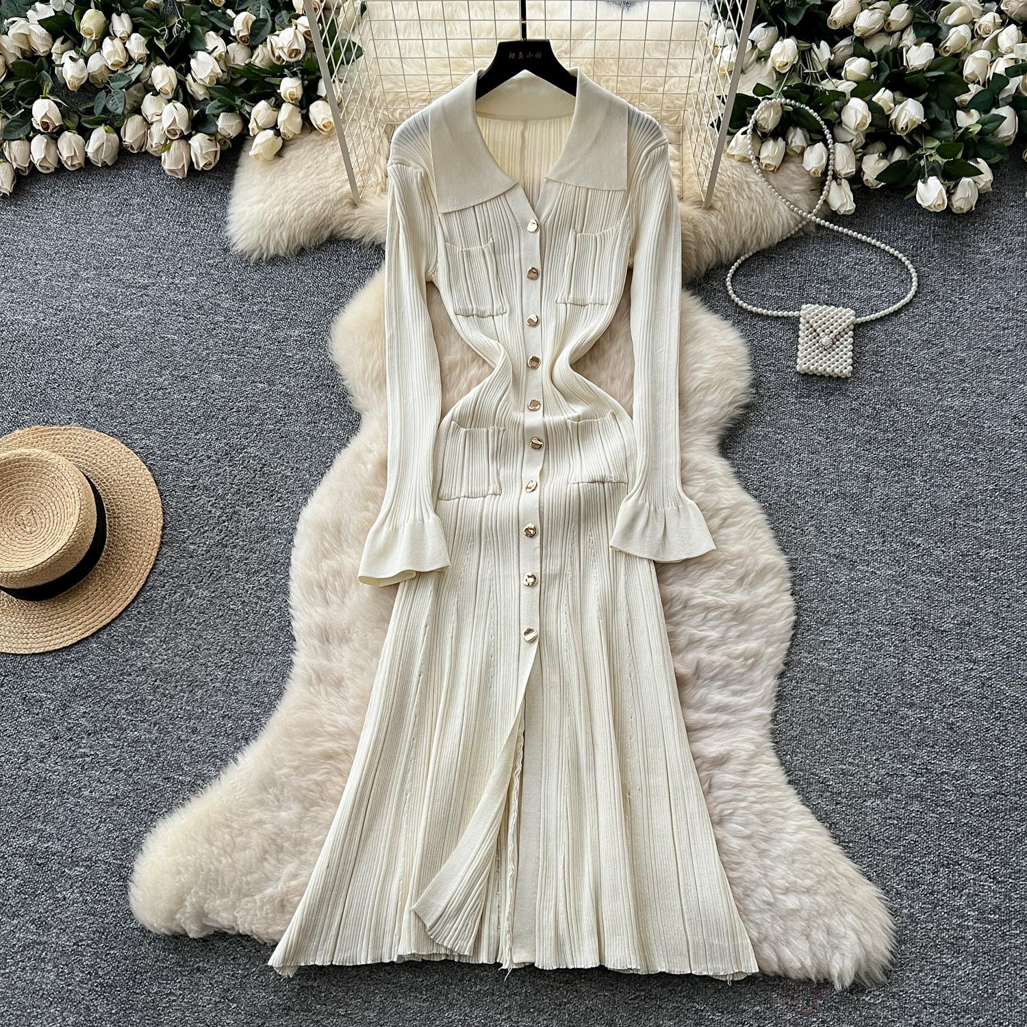 

Autumn Spring Women Runway Party Dresses Fare Sleeve Knitted Sweater Single Breasted Long Maxi Fishtail Dress One Size абрикосовий
