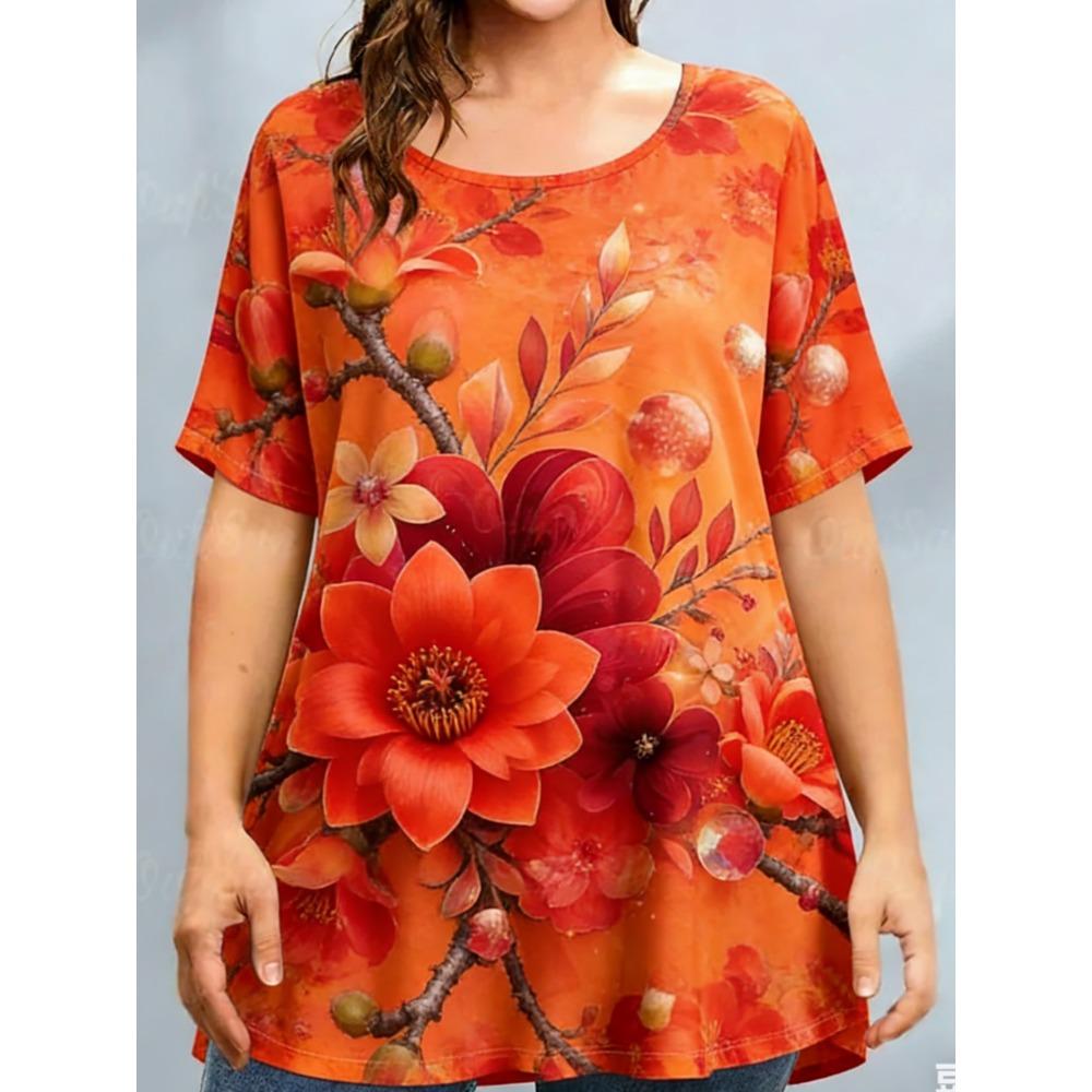 Ladies Summer Colorful Flower Butterfly Printed Large Loose Casual T-shirt Fashionable Comfortable Soft Breathable Short Sleeved T-shirt