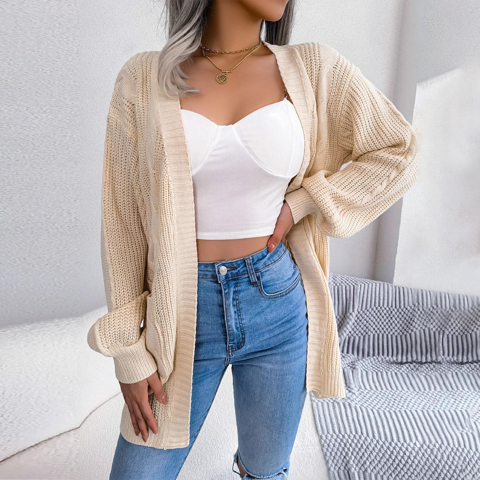 

Женский длинный вязаный кардиган с открытой передней частью S хаки