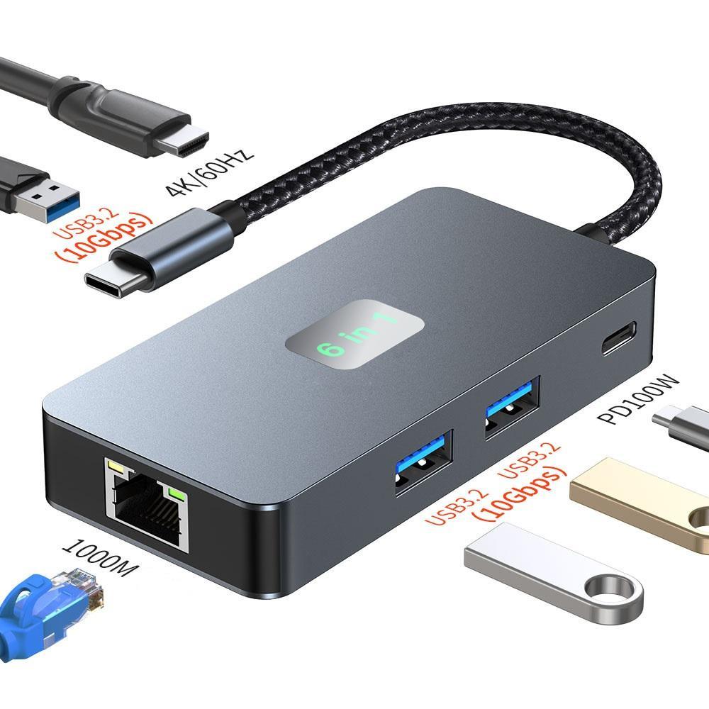 

2308 6-in-1 USB Hub Type-C to RJ45 Gigabit+USB3.2x3+4K 60Hz HD+PD 100W Type-C Adapter As Shown A