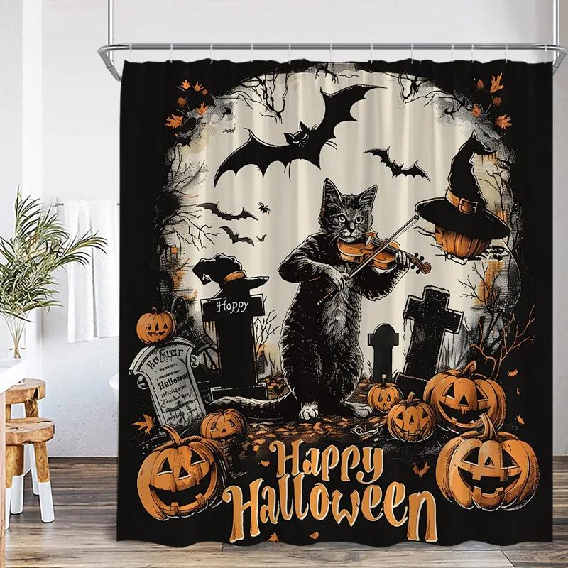 

Halloween Shower Curtains Vintage Spooky Black Cat Dead Tree Bat Pumpkin Lamp Tombstone Retro Dead Gothic Bathroom Curtain Decor W60H190(CM)-1 Pcs