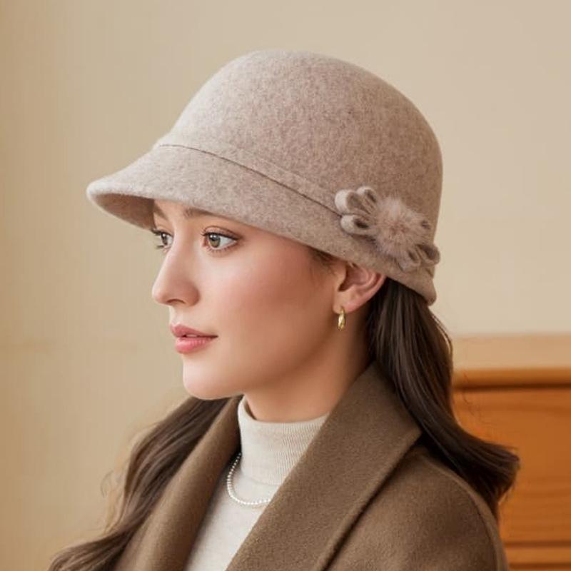 Bucket Hat Women's Autumn and Winter Wool Elegant Flower Thermal Basin Hat Casual Versatile Retro Top Hat