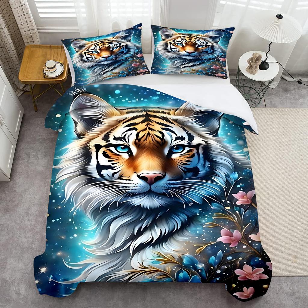 Retro Leśny Tygrys 3D Nadruk Poszewka na Kołdrę Poszewka na Poduszkę Niebiesko-Złoty Kwiatowy Komplet Pościeli Dla Dzieci Młodzieży Dorosłych Poszewka na Kołdrę z Dzikiej Przyrody