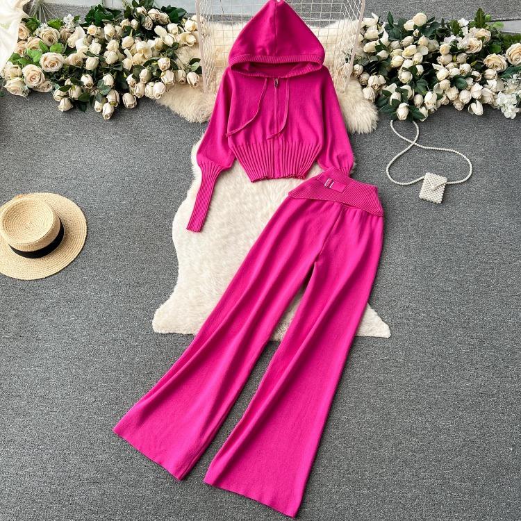 

Women Knitted Hoodie Zip Coat and High Waist Drop Fit Pants Two Piece Set Casual Suit Solid Color Autumn Winter Sets One Size рожевий червоний колір