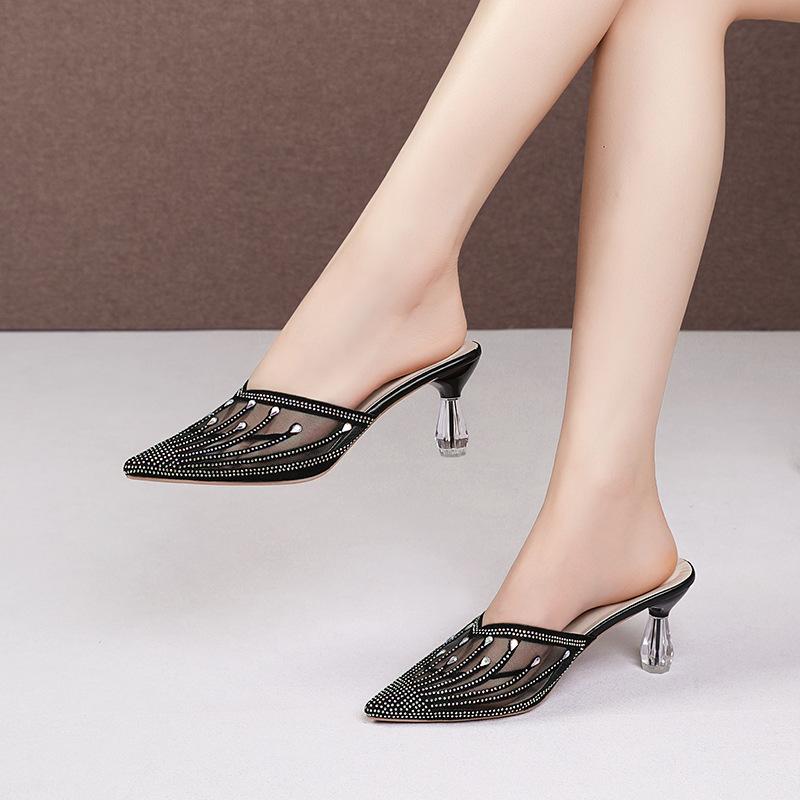 2025 Summer New Mesh Rhinestone Bag Head Half Slippers Women's Fashion Outer Wear Women's Shoes Pointed Crystal Heel High Heel Sandals