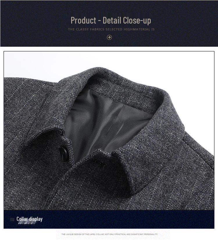 Men's Thickened Woolen Coat with Cotton Padding, Classic Striped Outerwear for Middle-Aged & Elderly, Dad's Style for Autumn/Winter.
