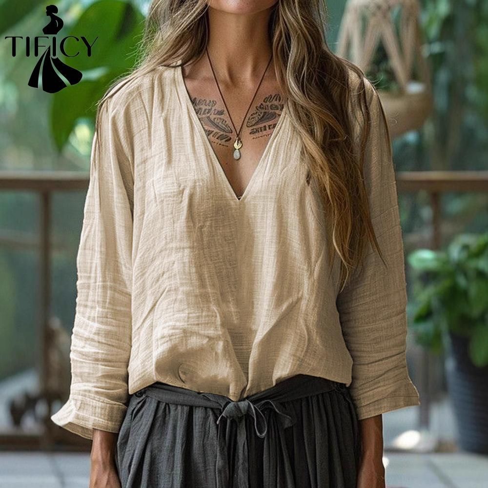 TIFICY Damenmode, lässig, Frühling und Herbst, einfarbig, langärmelig, V-Ausschnitt, Blusen und Hemden