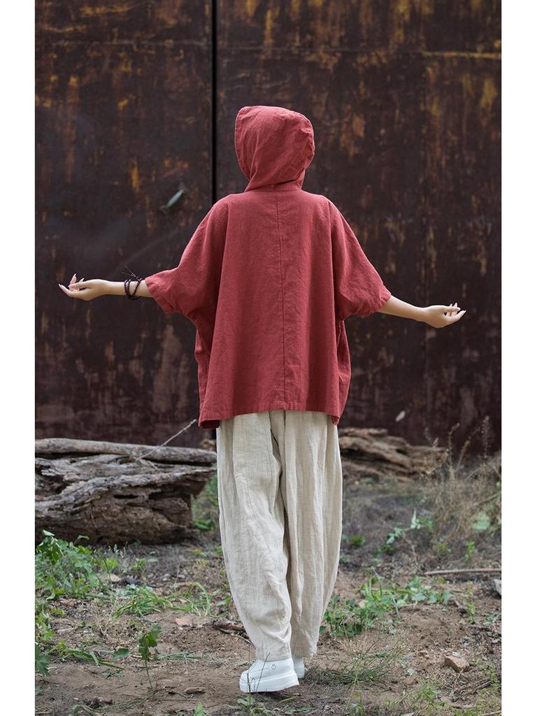 Women's Cotton Linen Hooded Frog Button T-shirt - Autumn/Winter Short Sleeve Sun Protection