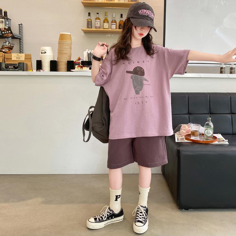 Girls' Sports Two-piece Summer Style, Western Style, Big Girls, Summer Short-sleeved Suit, Children's Casual Summer Clothes