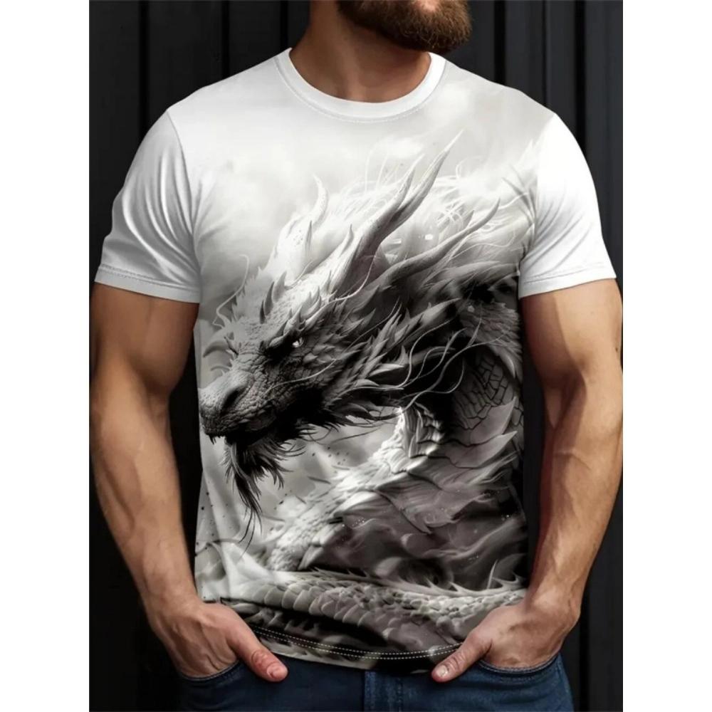 Summer 3D Dragon King Pattern Men's T-Shirt, Street Style Trendy Men's Fashion Loose Casual Short-Sleeve T-Shirt