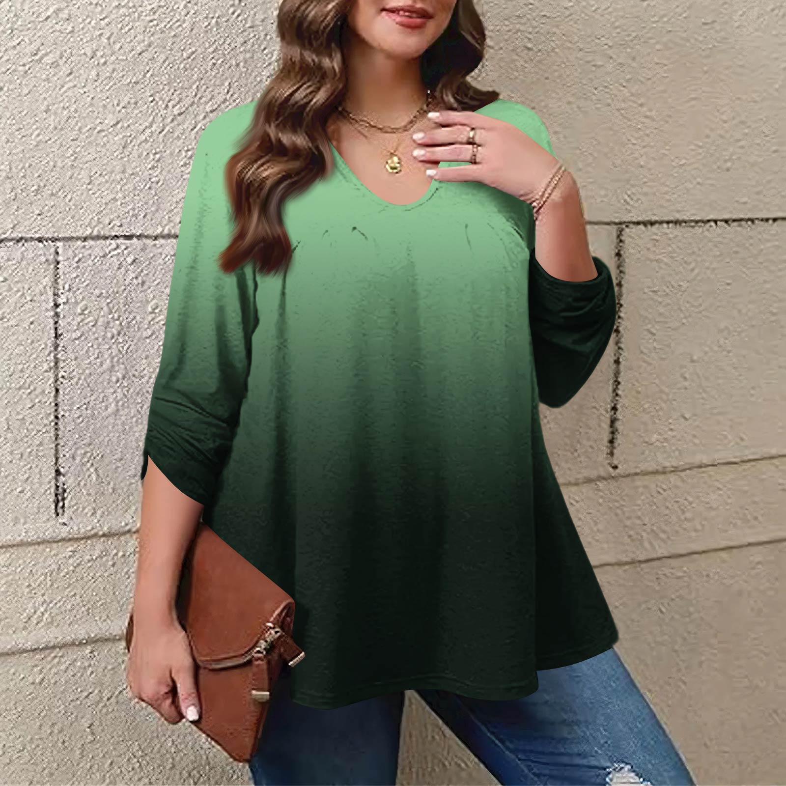 

Женский модный топ большого размера с принтом, повседневный плиссированный, с круглым вырезом и длинными рукавами XL зелёный