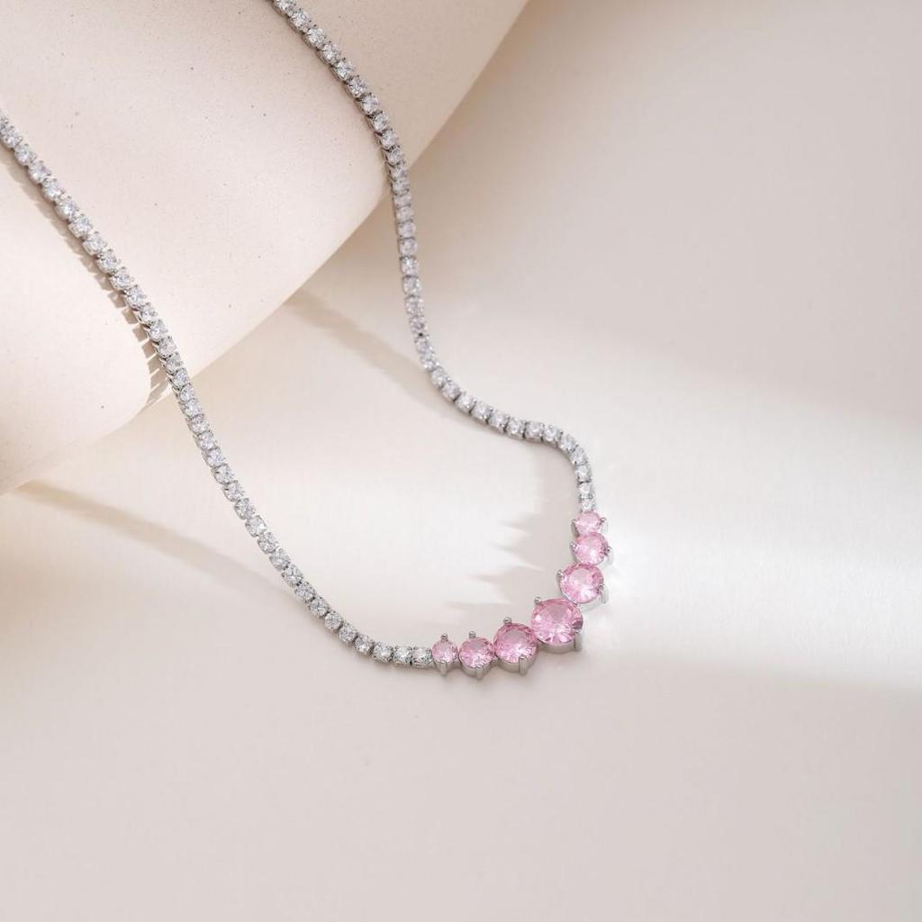 Versatile Pink Cubic Zirconia Pendant Necklace - Minimalist Round Design, Sweet Women's Clavicle Chain Choker
