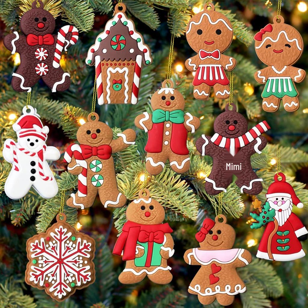 12 PVC Gingerbread Man Ornaments for Christmas Tree, Kitchen Decoration, and DIY Accessories.