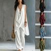 Women V Neck Sleeveless Jumpsuit Casual Wide Leg Pants Set Solid Color Loose Fit Summer Suit