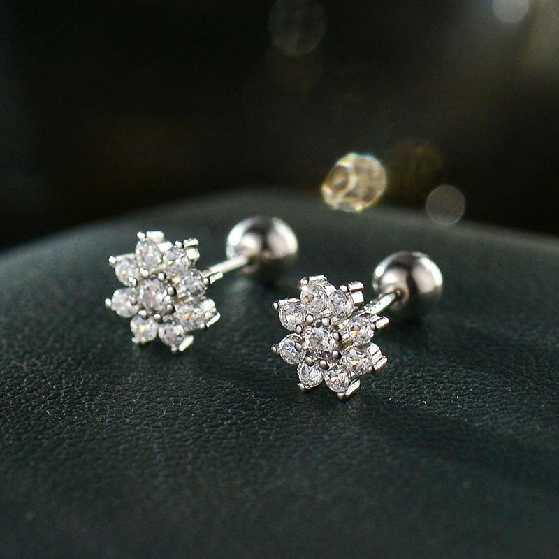 Real 925 Sterling Silver Fashion Zirconia Ear Studs Delicate Flower Stud Earrings For Women Fine Jewelry