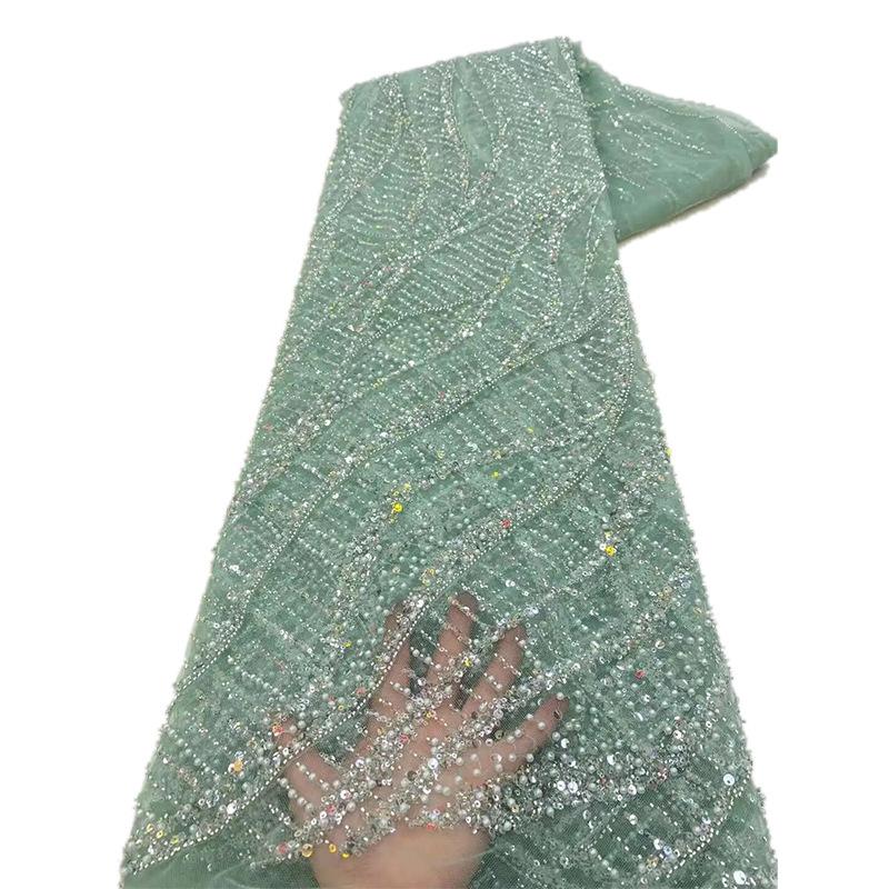 1 yard Mesh Lace Fabric With Bead Sequin Chain Stitch Embroidery for Dance Wedding Dress Patchwork Material Tulle Fabric Golden