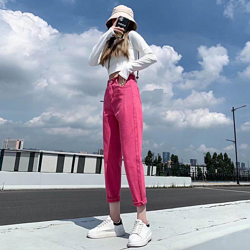 Women's Rose Red High-Waist Carrot Jeans - Spring/Summer Slimming, Loose, Casual, Straight-Leg Style
