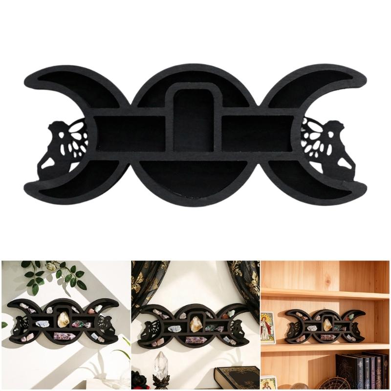 Black Fairies Moon Design Wooden Wall Crystal Display Hanging Shelf With Multi Compartments For Artistic Storage Solution