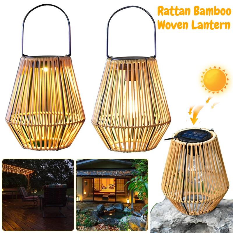 Solarbetriebene Rattan-Bambus-Laterne IP65 Wasserdichte Hänge- & Steh-Dekorationsleuchte für Balkon Terrasse Hof Garten Außenbereich