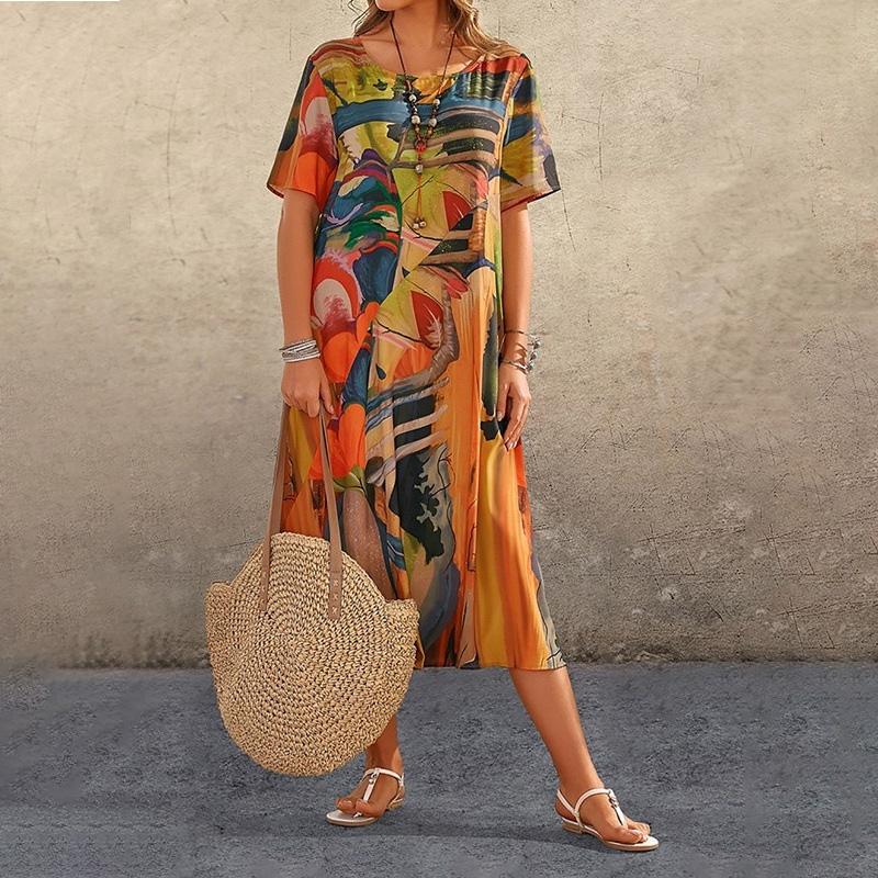 Women s Plus Size Floral Short Sleeve Maxi Dress Round Neck Smocked Waist Loose Fit Casual Summer S жёлтый