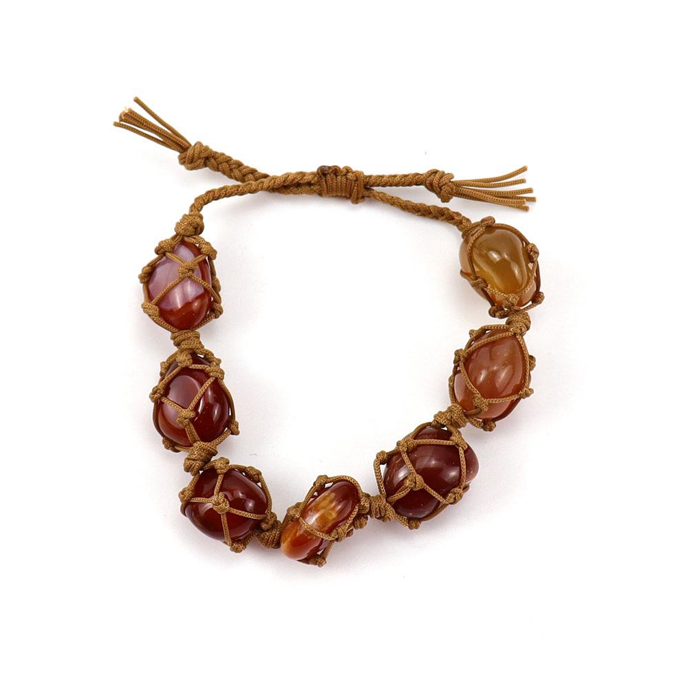 Natural Crystal Rough Stone Mesh Pocket Woven Bracelet Bracelet, Women'S Brown Rope Hand-Woven Colorful Crystal B89
