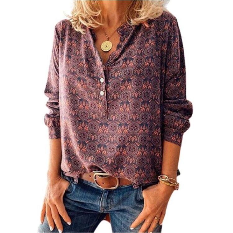 Moda Feminina Plus Size Casual Solta Decote V Manga Comprida Botão Top Blusa Primavera Outono Estampado Cobre Novo