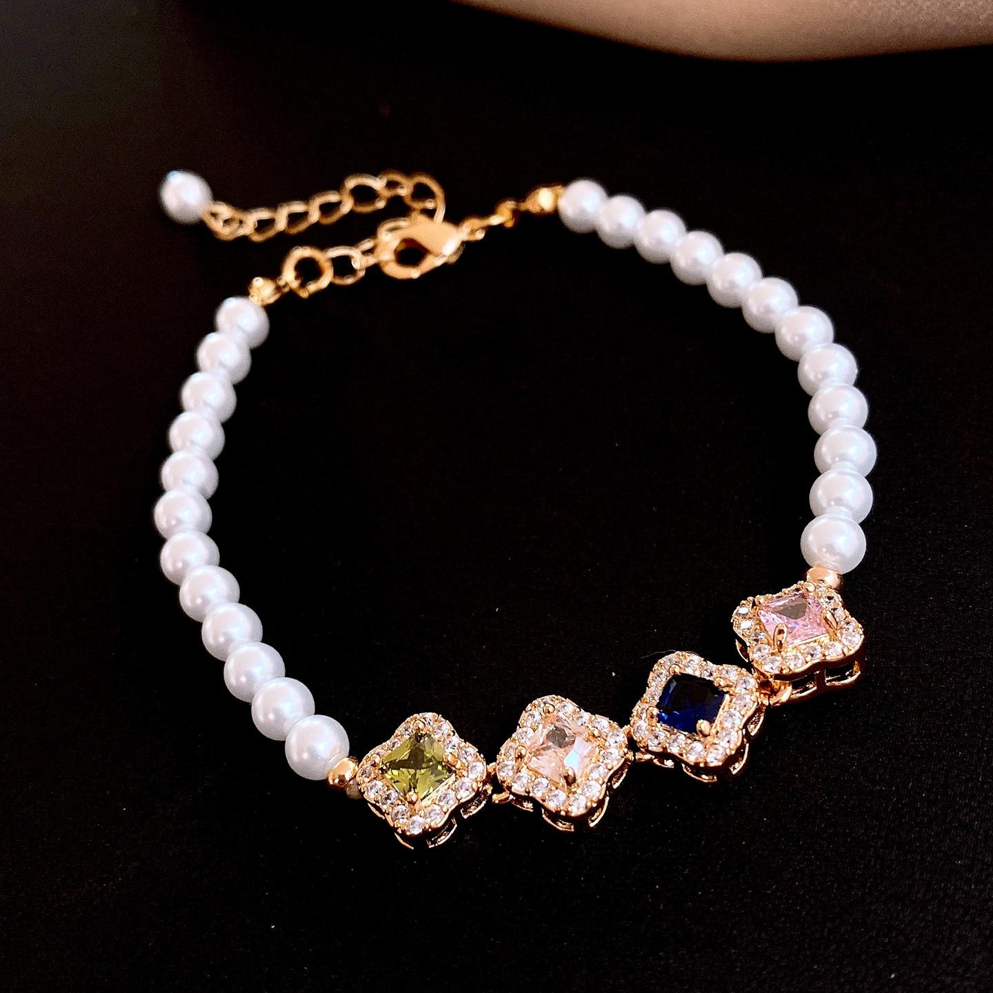 18k zircon square pearl bracelet French retro bracelet fashion jewelry women
