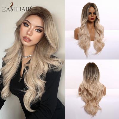 Lange braune blonde Ombre-Synthetik-Perücken für Frauen, gewellte Perücken, hitzebeständige weibliche Perücke, Cosplay