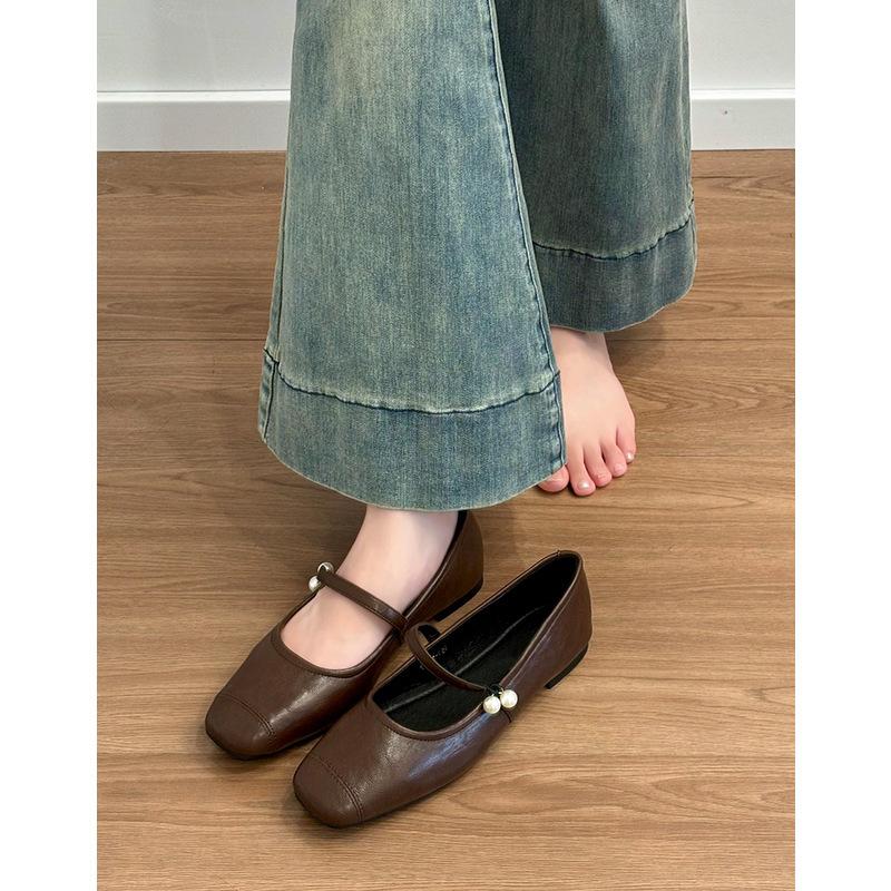 Black Pearl Square Head Flat Shoes French Gentle Evening Shoes Women's Retro Mary Jane Shoes