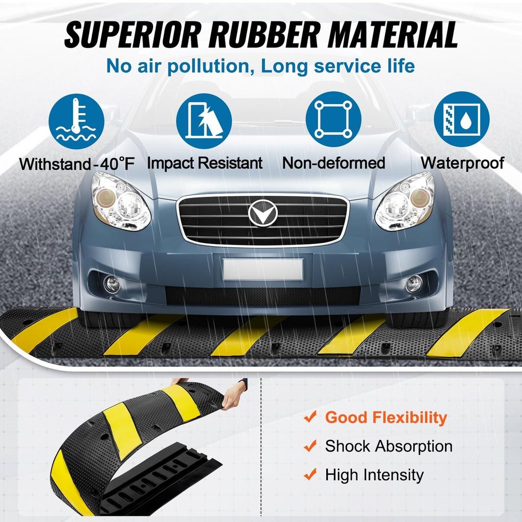 6 Ft/72'' Rubber Speed Hump, 2 Channel, 22000 Lbs Load Capacity Heavy Duty Traffic Speed Bump, with High Reflective Yellow Strip 4 Expansion Screws