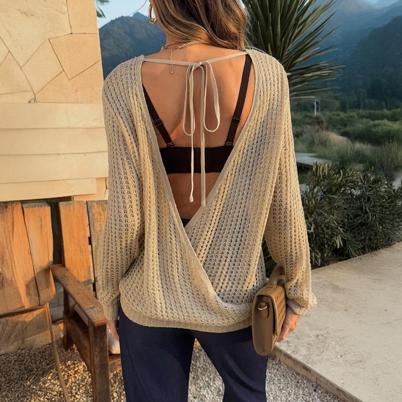 Women's Beige Openwork Knit Sweater Oversized Long Sleeve Sheer Crew Neck Top