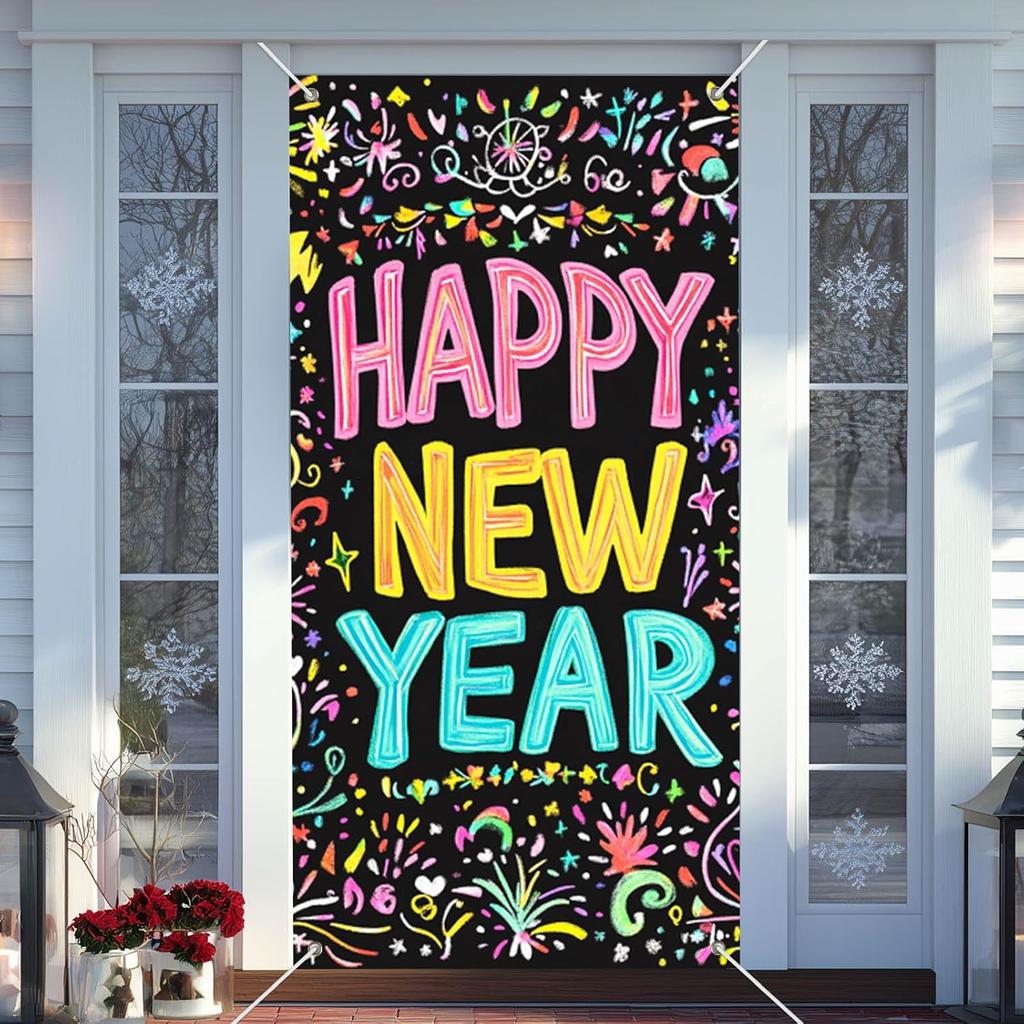 IVN 71x35 Inch Happy New Year 2026 Banner Door Cover New Years Eve Party Backdrop Black Gold Balloons Gift Box Polyester Fabric Front Door Porch