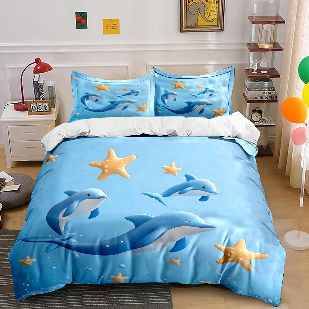 Cute Dolphin Starfish Decoration Set Bedding Set with 1 Duvet Cover 2 Pillowcases Single Double King Queen, Gift