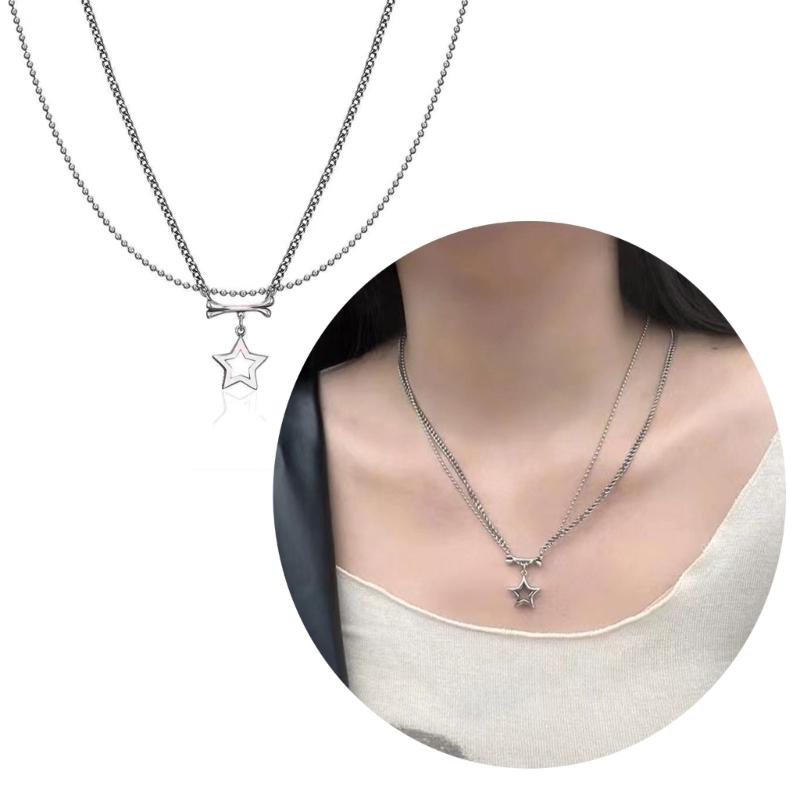 Dainty Star Pendant Necklace for Women Y2k Simple Bead Chain Necklace Double Layered Clavicle Chain Valentines Day
