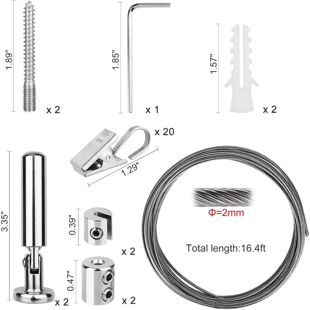 Wall Mount Art Projects Display Curtain Rod Set (5 Meters) with 20 Clips - Stainless Steel Photo Hanging Clothesline Window Curtain Tension