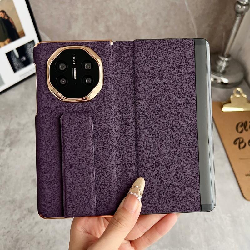For Huawei Mate X6 and X5 Case Luxury Leather Dual Hinge Protection Finger Grip Strap Track Stand Case Cover