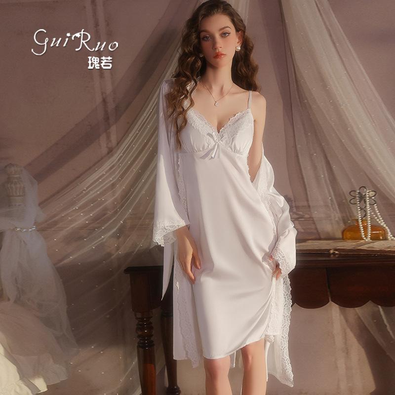 Women's Silky Satin Deep V Push Up Padded High Slit Sleep Dress with Robe Lounge Set