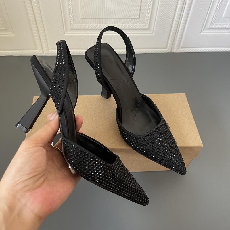 Fashion Pointed Toe Mules High Heels Black Rhinestone Sexy Women Sandals