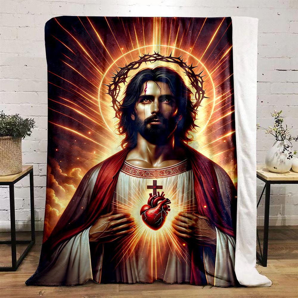 "Jesus Sacred Heart Radiant Glow" Patterned flannel blanket perfect for the bedroom living room, sofa, or a little nap