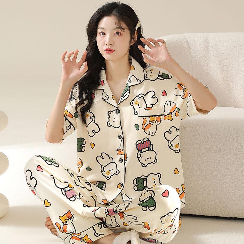 Foreign Trade Pajamas Female Cute Cartoon Bear Short-Sleeved Trousers Lazy Home Summer Cardigan Loungewear Ladies