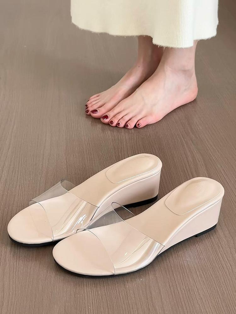 

Прозрачное слово с танкетками женственность белый с открытым носком крутые тапочки носить универсальное слово швабра 40 телесный